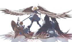 Rule 34 | 1girl, 2boys, absurdres, bird wings, black footwear, black gloves, black hair, black pants, black wings, blonde hair, blood on ground, brown wings, feathered wings, from behind, gloves, highres, holding, holding sheath, holding sword, holding weapon, limbus company, maratang, multiple boys, outis (project moon), pants, project moon, sheath, shoes, simple background, sinclair (project moon), sitting, standing, sword, weapon, white background, wings, yi sang (project moon)