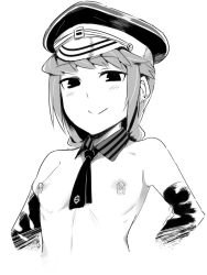 Rule 34 | 10s, 1girl, blush, breasts, chronoire schwarz vi, earrings, elbow gloves, em (totsuzen no hakike), flat chest, gloves, greyscale, hat, jewelry, monochrome, nipple piercing, nipples, peaked cap, piercing, small breasts, smile, solo, striped, upper body, witch craft works