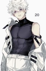 Rule 34 | 1boy, abs, aged up, belt, black shirt, blue eyes, cowboy shot, earrings, hair between eyes, highres, hunter x hunter, jacket, jewelry, killua zoldyck, long sleeves, looking at viewer, male focus, multiple earrings, off shoulder, open clothes, open jacket, pants, parted lips, shirt, simple background, sleeveless, sleeveless shirt, solo, spiked hair, tight clothes, tight shirt, to e, toned, toned male, turtleneck, white background, white hair, white jacket, white pants
