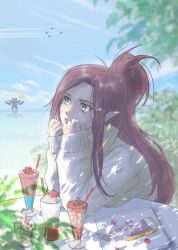 Rule 34 | 1girl, aircraft, airplane, blue eyes, blurry, blurry background, blush, bon!!!!!!, cake, cloud, cup, drinking straw, fighter jet, flag, food, fork, hair behind ear, highres, ice cream, jet, looking up, macross, macross delta, macross elysion, mecha, military vehicle, mirage farina jenius, ocean, pink lips, pink nails, plate, pointy ears, red hair, robot, sky, sleeves past wrists, solo, sweater, tree, vf-31, water, white sweater