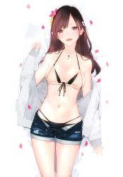 Rule 34 | absurdres, ama mitsuki, bikini, bikini under clothes, black bikini, breasts, brown eyes, brown hair, cherry blossoms, collarbone, cowboy shot, denim, denim shorts, fangs, flower, front-tie top, hair flower, hair ornament, halterneck, highres, jacket, jewelry, large breasts, lips, long hair, looking at viewer, lying, multicolored bikini, multicolored clothes, navel, navel piercing, necklace, non-web source, off shoulder, on back, open mouth, original, piercing, scan, shorts, smile, solo, swimsuit, teeth, unzipped, white bikini, white jacket