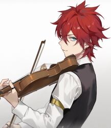 Rule 34 | 1boy, amagi rinne, armlet, black vest, blue eyes, closed mouth, collared shirt, earrings, ensemble stars!, eyokiki, holding, holding instrument, holding violin, instrument, jewelry, long sleeves, looking at viewer, male focus, music, playing instrument, red hair, ring, shirt, short hair, simple background, smile, vest, violin, white shirt