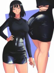 Rule 34 | 1girl, absurdres, alternate costume, alternate hair length, alternate hairstyle, arm at side, ass, bare legs, black hair, black shirt, black skirt, breasts, closed mouth, green eyes, hand on own hip, high-waist skirt, highres, jewelry, kneepits, large breasts, lips, long sleeves, looking at viewer, medium hair, miniskirt, multiple views, necklace, nico robin, one piece, opalis, pencil skirt, shirt, skirt, smile, solo