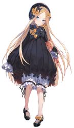 Rule 34 | 1girl, abigail williams (fate), black bow, black dress, black footwear, black hat, blonde hair, bloomers, blue eyes, blush, bow, closed mouth, dress, fate/grand order, fate (series), full body, hair bow, hakuishi aoi, hat, highres, lips, long hair, long sleeves, looking at viewer, orange bow, parted bangs, polka dot, polka dot bow, simple background, sleeves past fingers, sleeves past wrists, solo, stuffed animal, stuffed toy, teddy bear, underwear, very long hair, white background