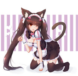 Rule 34 | 1girl, ;p, absurdres, animal ear fluff, animal ears, apron, bell, black dress, black thighhighs, bow, breasts, brown eyes, brown hair, cat ears, cat girl, cat tail, chocola (nekopara), cleavage, closed mouth, commentary request, dress, frilled apron, frilled dress, frills, full body, habu rin, hand up, heart, highres, jingle bell, looking at viewer, medium breasts, nekopara, no shoes, one eye closed, paw pose, pink bow, puffy short sleeves, puffy sleeves, short sleeves, smile, solo, striped, striped background, tail, tail raised, thighhighs, tongue, tongue out, twintails, vertical stripes, waist apron, white apron, wrist cuffs