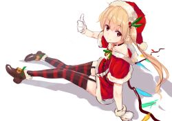 Rule 34 | 1girl, absurdres, alternate costume, blonde hair, brown footwear, capelet, choker, dress, flandre scarlet, full body, gloves, hat, highres, knees together feet apart, looking at viewer, lumo 1121, red eyes, red hat, santa costume, santa hat, shoes, short dress, simple background, sitting, sketch, smile, solo, striped clothes, striped thighhighs, thighhighs, thumbs up, touhou, white background, white gloves, wings