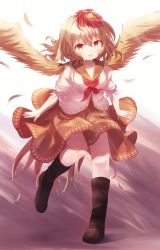 Rule 34 | 1girl, absurdres, animal, animal on head, ar (maeus), bird, bird on head, bird tail, bird wings, blonde hair, blush, boots, brown footwear, chick, dress, fang, feathered wings, full body, highres, knee boots, multicolored hair, niwatari kutaka, on head, open mouth, orange dress, red eyes, red hair, shirt, short hair, short sleeves, skin fang, smile, solo, tail, touhou, two-tone hair, white shirt, wings, yellow wings