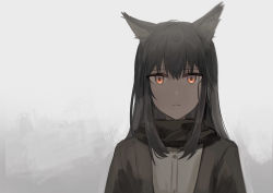 Rule 34 | 1girl, animal ear fluff, animal ears, arknights, black hair, black jacket, black scarf, brown eyes, chihuri, closed mouth, dress shirt, grey background, hair between eyes, highres, jacket, light frown, open clothes, open jacket, scarf, shirt, solo, texas (arknights), upper body, white shirt