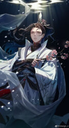 Rule 34 | 1boy, artist name, bishounen, black hair, branch, cherry blossoms, chinese clothes, chinese commentary, commentary request, expressionless, floating hair, flower, hair ornament, hanfu, high ponytail, highres, holding, holding branch, light rays, liu qingge, long hair, long sleeves, male focus, mole, mole under eye, parted lips, pink flower, ponytail, renzha fanpai zijiu xitong, robe, sheng3 3, solo, tassel, underwater, vambraces, water, weibo logo, weibo watermark, white robe, wide sleeves, yellow eyes