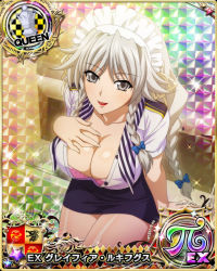 Rule 34 | 1girl, blue bow, bow, bra, braid, breasts, card (medium), chess piece, cleavage, female focus, flight attendant, grayfia lucifuge, grey eyes, grey hair, hair bow, high school dxd, large breasts, long hair, looking at viewer, maid headdress, matching hair/eyes, mature female, official art, pink bra, queen (chess), red lips, smile, solo, travel attendant, twin braids, underwear