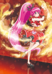 Rule 34 | 1girl, absurdly long hair, asymmetrical sleeves, black footwear, cure lovely, cure lovely (cherry flamenco), detached sleeves, dress, floating hair, full body, hair between eyes, hair ornament, happinesscharge precure!, high heels, layered dress, long hair, looking at viewer, nita (onakatohoppe), pink hair, precure, pumps, red dress, red eyes, red sleeves, short sleeves, sleeveless, sleeveless dress, solo, standing, standing on one leg, uneven sleeves, very long hair, wristband