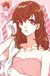 1girl ^_^ absurdres alternate_hairstyle bare_shoulders blush breasts brown_hair closed_eyes commentary_request copyright_name hair_between_eyes hair_down highres long_hair multiple_views naked_towel open_mouth parted_lips persona persona_3 persona_3_portable red_eyes shiomi_kotone simple_background towel twitter_username upper_body yokaroni