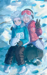 Rule 34 | 2boys, aged down, blue eyes, coat, cold, dante (devil may cry), devil may cry (series), duffel coat, gloves, hair slicked back, highres, holding, looking at viewer, male focus, multiple boys, open mouth, outdoors, siblings, smile, snow, snowing, twins, vergil (devil may cry), white hair, winter, winter clothes