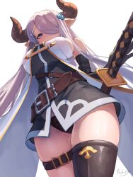Rule 34 | 1girl, black bra, black panties, blue eyes, bra, breasts, cowboy shot, draph, filin, from below, granblue fantasy, hair over one eye, highres, horns, large breasts, long hair, looking at viewer, narmaya (granblue fantasy), panties, pantyshot, purple hair, simple background, single thighhigh, solo, thighhighs, thighs, underwear, white background