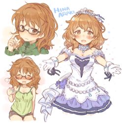 Rule 34 | 10s, 1girl, 7010, :d, araki hina, black-framed eyewear, blush, breasts, brown eyes, brown hair, camisole, character name, cleavage, dress, glasses, gloves, idolmaster, idolmaster cinderella girls, idolmaster cinderella girls starlight stage, jacket, looking at viewer, messy hair, multiple views, open mouth, outstretched arms, outstretched hand, semi-rimless eyewear, short hair, shorts, simple background, smile, strapless, strapless dress, tank top, track jacket, under-rim eyewear, white background, white dress, white gloves