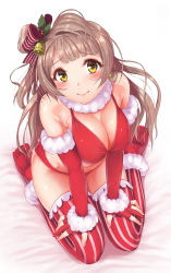 Rule 34 | 10s, 1girl, bare shoulders, bikini, blush stickers, breasts, christmas, cleavage, detached sleeves, embarrassed, female focus, fingerless gloves, from above, gloves, hands on own knees, kitiroku, large breasts, light brown hair, long hair, looking at viewer, looking up, love live!, love live! school idol project, minami kotori, one side up, red bikini, red thighhighs, seiza, side ponytail, sitting, solo, swimsuit, thighhighs, yellow eyes
