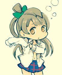 Rule 34 | 1girl, bow, brown eyes, brown hair, chibi, commentary, long hair, love live!, love live! school idol project, minami kotori, mota, navel, pleated skirt, simple background, skirt, solo, white background