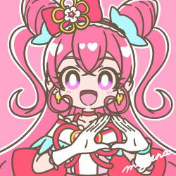 Rule 34 | 1girl, bow, bright pupils, brooch, choker, cone hair bun, cure precious, delicious party precure, double bun, earrings, gloves, hair bow, hair bun, heart, heart brooch, highres, jewelry, long hair, looking at viewer, mayena, nagomi yui, off shoulder, outline, pink background, pink bow, pink choker, pink hair, precure, purple eyes, smile, solo, upper body, very long hair, white gloves, white outline, white pupils