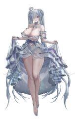 1girl absurdres arm_cuffs breasts cinderella_(glass_princess)_(nikke) cinderella_(nikke) crown disgustingtokki dress full_body glass_slipper goddess_of_victory:_nikke grey_nails hair_over_one_eye highres mini_crown official_alternate_costume panties_visible_through_clothes see-through_clothes see-through_dress see-through_footwear simple_background solo veins veiny_breasts white_background