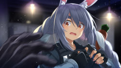 Rule 34 | 1girl, animal ears, black gloves, black vest, blue hair, blurry, blurry foreground, braid, breaker panel, carrot, carrot hair ornament, crossover, enatsu, explosive, fingerless gloves, food-themed hair ornament, gloves, grenade, hair between eyes, hair ornament, hololive, lantern, light blush, long sleeves, multicolored hair, nail polish, orange eyes, outdoors, rabbit ears, resident evil, sidelocks, streaked hair, tactical clothes, thick eyebrows, twin braids, twintails, upper body, usada pekora, vest, virtual youtuber, zombie