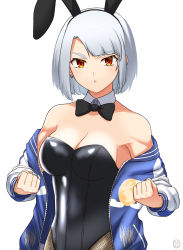 Rule 34 | 1girl, animal ears, bare shoulders, black leotard, bow, bowtie, breasts, cleavage, clenched hands, collarbone, commentary, detached collar, earrings, fake animal ears, fishnet legwear, fishnets, forehead, grey hair, highleg, highleg leotard, highres, jacket, jewelry, leotard, long sleeves, looking at viewer, manjuuumauma, medium breasts, off shoulder, open clothes, open jacket, original, parted bangs, parted lips, playboy bunny, red eyes, signature, simple background, solo, strapless, strapless leotard, thick eyebrows, toned, traditional bowtie, upper body, v-shaped eyebrows, white background, white hair