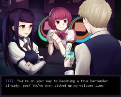 Rule 34 | 1boy, 2girls, absurdres, bar (place), blonde hair, bow, bowtie, closed mouth, commission, commissioner insert, commissioner upload, dorothy haze, english text, highres, jill stingray, joints, jukebox, long hair, long sleeves, multiple girls, necktie, open mouth, piano woman (va-11 hall-a), ponytail, purple hair, red eyes, red hair, red neckwear, robot joints, shirt, sidelocks, sikohiji, smile, swept bangs, twintails, uniform, va-11 hall-a, vest, white shirt, window