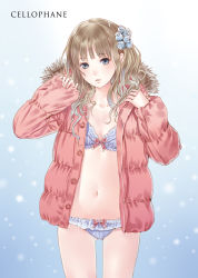 Rule 34 | 1girl, absurdres, blue bra, blue eyes, blue panties, blunt bangs, blush, bow, bow bra, bow panties, bra, brown hair, buttons, coat, collarbone, cowboy shot, flat chest, flower, frilled panties, frills, fur collar, fur trim, gradient background, hair flower, hair ornament, head tilt, highres, kishida mel, lace, lace-trimmed bra, lace trim, light smile, lingerie, long hair, long sleeves, looking at viewer, navel, open clothes, open coat, original, panties, parted lips, pink coat, pink ribbon, red bow, ribbon, sleeves past wrists, snowing, solo, standing, stomach, unbuttoned, underwear, wavy hair, winter clothes, winter coat