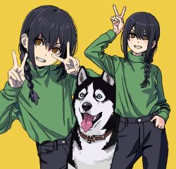 Rule 34 | 1girl, arm up, black hair, blue eyes, braid, brown eyes, chainsaw man, commentary, dog, double v, english commentary, green shirt, grin, hair between eyes, hair over one eye, hands up, head tilt, highres, husky, long hair, long sleeves, looking to the side, nayuta (chainsaw man), ringed eyes, shiren (ourboy83), shirt, sidelocks, simple background, single braid, smile, tongue, tongue out, turtleneck, upper body, v, yellow background, yellow eyes
