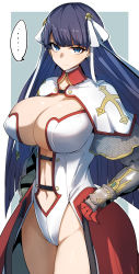 Rule 34 | ..., 1girl, armor, blue eyes, blue hair, blush, breasts, capelet, center opening, cleavage, closed mouth, cowboy shot, earrings, embarrassed, fate/grand order, fate (series), gin moku, glaring, gloves, grey background, groin, hair ribbon, hands on own hips, highres, jewelry, large breasts, leotard, long hair, looking at viewer, martha (fate), navel, red gloves, ribbon, simple background, solo, spoken ellipsis, standing, straight hair, sweatdrop, thighs, v-shaped eyebrows, vambraces, waist cape, white background, white capelet, white leotard, white ribbon