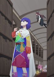 Rule 34 | 3girls, absurdres, blue hair, book, bookshelf, boots, cape, dauchimk 1, flying, head wings, highres, holding, holding book, koakuma, library, long sleeves, multiple girls, patchouli knowledge, patchwork clothes, purple hair, red hair, short hair, standing, tenkyuu chimata, touhou, wings