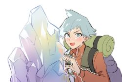 Rule 34 | 1boy, :d, backpack, bag, blush, collared shirt, creatures (company), crystal, game freak, grey eyes, grey hair, huan li, jewelry, long sleeves, looking at viewer, male focus, nintendo, open mouth, orange shirt, outline, pokemon, pokemon (anime), pokemon rse (anime), ring, shirt, short hair, smile, solo, steven stone, tongue, upper body