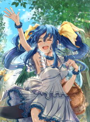 Rule 34 | 1girl, angel wings, arm up, armpits, asymmetrical wings, basket, blue scrunchie, blue sky, blush, breasts, closed eyes, collarbone, dizzy (guilty gear), dress, forest, guilty gear, hair between eyes, hair ribbon, hair rings, highres, holding, holding basket, light rays, long hair, medium breasts, monster girl, nature, nt50, open mouth, picnic basket, ribbon, scrunchie, sidelocks, sky, solo, sunbeam, sunlight, tail, tail ornament, tail ribbon, tree, twintails, waving, white dress, wings, yellow ribbon