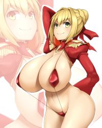 Rule 34 | 10s, 1girl, ahoge, arm behind head, bare shoulders, bikini, breasts, fate/extra, fate (series), hair ribbon, hand on ass, huge breasts, looking at viewer, model pose, navel, nero claudius (fate), nero claudius (fate) (all), nero claudius (fate/extra), ribbon, sinensian, slingshot swimsuit, smile, solo, swimsuit