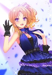 Rule 34 | 1girl, :d, bare shoulders, black gloves, blonde hair, blush, breasts, cleavage, dress, dutch angle, earrings, forehead, glint, gloves, hand on own hip, hand up, idolmaster, idolmaster cinderella girls, ittokyu, jewelry, kiryu tsukasa (idolmaster), long hair, one side up, open mouth, parted bangs, petals, purple dress, purple eyes, sleeveless, sleeveless dress, small breasts, smile, solo, sparkle