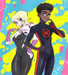 Rule 34 | 1boy, 1girl, abstract background, afro, animal print, black hair, blonde hair, blue eyes, bodysuit, bright pupils, brown eyes, covered navel, dark-skinned male, dark skin, gradient hair, gwen stacy, hand on own hip, hand up, hood, hood down, looking at viewer, marvel, miles morales, multicolored background, multicolored hair, pink hair, scratching cheek, smile, spider-gwen, spider-man: across the spider-verse, spider-man (miles morales), spider-man (series), spider-verse, spider print, spider web print, sunafuki tabito, superhero costume, two-sided fabric