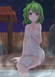 Rule 34 | 10s, 1girl, arm support, bathing, blue eyes, breasts, green hair, highres, hitsuji (hitsuji tomo), kantai collection, looking at viewer, mole, mole under mouth, naked towel, onsen, short hair, sky, smile, solo, star (sky), star (symbol), starry sky, steam, towel, wet, yuugumo (kancolle)
