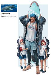 Rule 34 | 1girl, 2boys, animal costume, blue hair, brother and sister, child, family, father and daughter, father and son, fishnet fabric, height difference, highres, pantyhose under shorts, multiple boys, muscular, muscular male, orange hair, original, pantyhose, personification, remora, rinotuna, sandals, shark costume, short hair, shorts, siblings, surfboard, tank top, whale shark