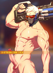 Rule 34 | 1boy, abs, assault rifle, bara, erection, gun, highres, lvlv, male focus, mask, mouth mask, muscular, nipples, overwatch, overwatch 1, pectorals, penis, rifle, scar, scar across eye, scar on face, short hair, soldier: 76 (overwatch), solo, sweat, testicles, topless male, visor, weapon