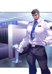 Rule 34 | 1boy, absurdres, airport, alternate costume, baimeme, bara, beard, belt, between pectorals, black belt, blue pants, brown eyes, brown hair, bulge, covered erect nipples, dungeon and fighter, facial hair, feet out of frame, gloves, highres, large pectorals, long sleeves, male focus, male priest (dungeon and fighter), mature male, muscular, muscular male, necktie, necktie between pectorals, pants, pectorals, pilot suit, shirt, short hair, solo, thick eyebrows, thighs, white gloves, white shirt