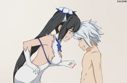 Rule 34 | 1boy, 1girl, angry, bell cranel, black hair, blue eyes, blue ribbon, breasts, clothed female nude male, dailene, dress, dungeon ni deai wo motomeru no wa machigatteiru darou ka, evil smile, femdom, gloves, grin, height difference, hestia (danmachi), humiliation, large breasts, long hair, looking down, looking up, nude, pectorals, petals, red eyes, ribbon, short hair, small penis humiliation, smile, smirk, tiny gesture, watermark, white gloves, white hair
