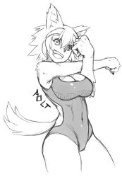 Rule 34 | 1girl, animal ears, animal hands, bankage, breasts, character name, claws, cleavage, cowboy shot, dog ears, dog girl, dog tail, fang, furry, furry female, greyscale, headband, kobold, looking at viewer, messy hair, monochrome, monster musume no iru nichijou, navel, one-piece swimsuit, polt, skin tight, smile, solo, stretching, swimsuit, tail, thighs, wet nose