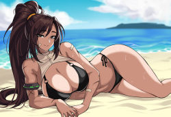 Rule 34 | 1girl, armlet, bandaid, bandaid on cheek, bandaid on face, beach, bikini, black bikini, breasts, brown eyes, brown hair, cleavage, dungeon and fighter, fighter (dungeon and fighter), groin, hella p, large breasts, long hair, looking at viewer, lying, midriff, navel, ocean, on side, outdoors, ponytail, sand, scar, scar on arm, sky, smile, solo, striker (dungeon and fighter), swimsuit, thighs