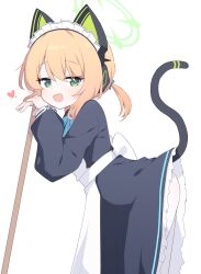 Rule 34 | 1girl, absurdres, animal ear headphones, animal ears, apron, black dress, blonde hair, blue archive, blue ribbon, cat ears, commentary, dress, fake animal ears, fake tail, from side, green eyes, green halo, hagoonha, halo, headphones, highres, leaning on object, leaning to the side, long sleeves, looking at viewer, low ponytail, maid apron, midori (blue archive), midori (maid) (blue archive), neck ribbon, open mouth, pantyhose, parted bangs, puffy long sleeves, puffy sleeves, ribbon, short hair, sidelocks, simple background, smile, solo, tail, tail raised, upper body, white apron, white background, white pantyhose