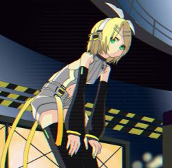 Rule 34 | 1girl, anime coloring, bare shoulders, black sleeves, blonde hair, bow, clothing cutout, d futagosaikyou, detached sleeves, expressionless, feet out of frame, green eyes, green nails, hair bow, hair ornament, hairclip, hands on own knees, headphones, indoors, kagamine rin, kagamine rin (append), leaning forward, looking at viewer, midriff, nail polish, navel, retro artstyle, scanlines, shirt, short hair, short shorts, shorts, sleeveless, sleeveless shirt, solo, stomach cutout, swept bangs, thighhighs, vocaloid, vocaloid append, white bow, white shirt, zettai ryouiki