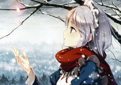 Rule 34 | 1girl, absurdres, blue eyes, day, female focus, from side, glowing, glowing petals, highres, izayoi sakuya, ke-ta, maid, maid headdress, non-web source, outdoors, perfect cherry blossom, petals, profile, red scarf, scan, scarf, silver hair, snow, snowing, solo, touhou