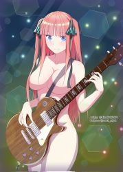 Rule 34 | 1girl, asobi night, black ribbon, blue eyes, blunt bangs, blush, breasts, butterfly hair ornament, censored nipples, closed mouth, collarbone, colorized, completely nude, convenient censoring, cowboy shot, electric guitar, go-toubun no hanayome, groin, guitar, hair censor, hair ornament, hair over breasts, hair over one breast, hair ribbon, highres, instrument, kosmos beta, large breasts, long hair, looking at viewer, music, nakano nino, nude, pink hair, playing instrument, ribbon, smile, solo, sparkle, thighs, third-party edit, twintails, two side up
