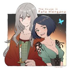 Rule 34 | 1boy, 1girl, :d, artist name, black hair, blush, breasts, bug, butterfly, candle, candlestand, cleavage, copyright name, dress, fata morgana no yakata, giselle (fata morgana no yakata), green dress, green eyes, grey hair, highres, holding, holding candle, insect, isakawa megumi, long hair, looking at another, looking at viewer, medium breasts, michel bollinger, open mouth, red eyes, short hair, smile, teeth, upper body, upper teeth only