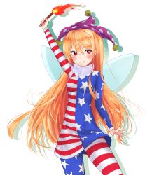Rule 34 | 1girl, american flag dress, american flag legwear, bad id, bad pixiv id, blonde hair, blush, breasts, clownpiece, contrapposto, dress, fairy, fairy wings, fur-trimmed sleeves, fur trim, grin, hat, highres, honi (honix3), jester cap, long hair, long sleeves, neck ruff, pantyhose, red eyes, short dress, small breasts, smile, solo, standing, torch, touhou, touhou sangetsusei, very long hair, wings