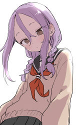 Rule 34 | 1girl, absurdres, black sailor collar, black skirt, blush, braid, brown eyes, brown sweater, commentary request, hair between eyes, hair over shoulder, highres, long hair, looking down, low twintails, neckerchief, nose blush, parted bangs, pleated skirt, purple hair, red neckerchief, sailor collar, simple background, skirt, solo, soredemo ayumu wa yosetekuru, standing, sweater, twin braids, twintails, white background, yamamoto souichirou, yaotome urushi
