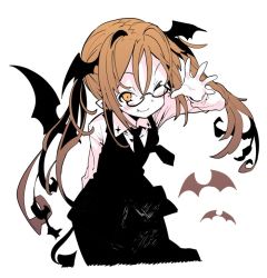 Rule 34 | 1girl, arm behind back, bat (animal), bespectacled, blush, fang, fang out, glasses, head wings, koakuma, leaning forward, long hair, long sleeves, looking at viewer, matching hair/eyes, morino hon, necktie, one eye closed, orange eyes, orange hair, simple background, skirt, skirt set, smile, solo, tail, touhou, twintails, vest, waving, white background, wings